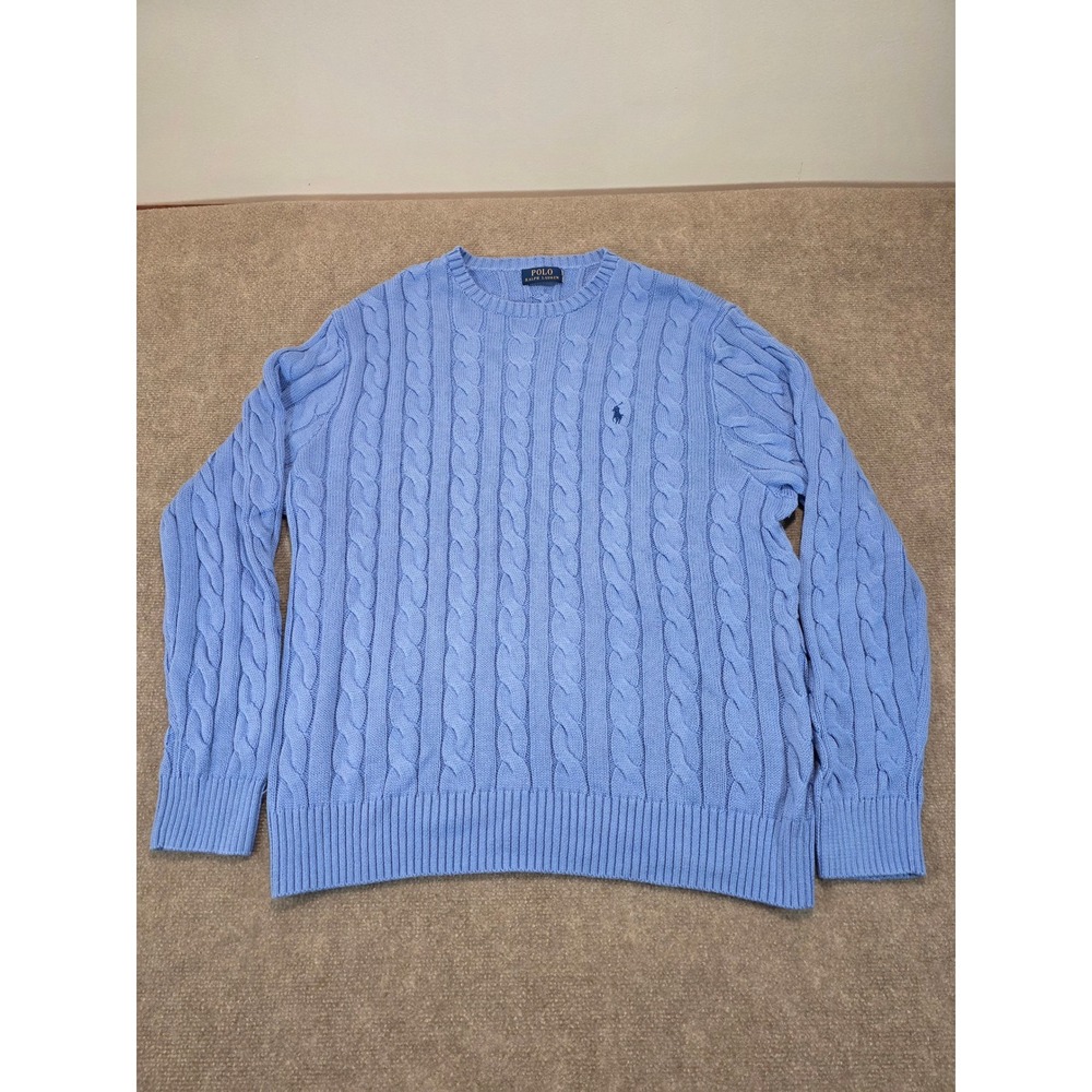 Polo Ralph Lauren Mens Blue Cable Knit Cotton Crewneck Sweater XL Blue Pony
